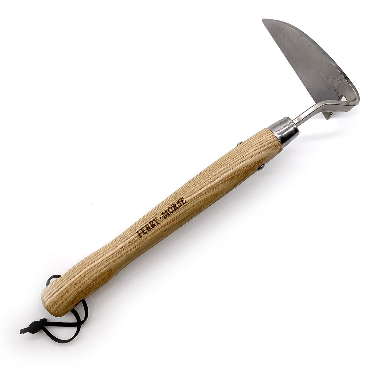 A garden hand hoe with an ash wood handle, genuine leather strap, and a stainless steel head.
